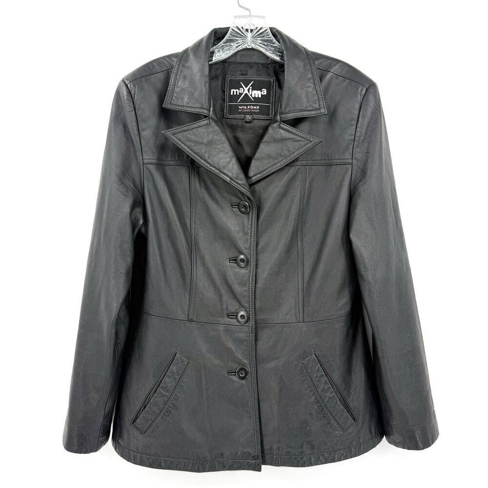 Wilsons Black Leather Jacket Womens Large Maxima Notch Collar Button Up Blazer